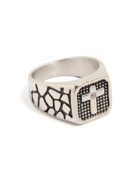 Showcasing a mens waterproof stainless steel signet ring with black etched cubic zirconia cross in statement style side detail view - link has visual effect only