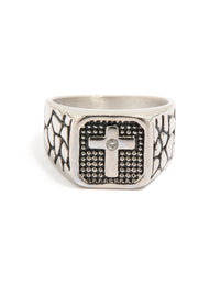 Detailed look at mens waterproof stainless steel signet ring featuring black etched cubic zirconia cross in statement style close up view - link has visual effect only