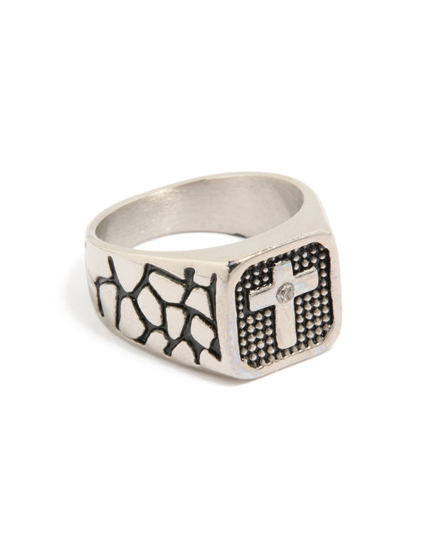 Showcasing a mens waterproof stainless steel signet ring with black etched cubic zirconia cross in statement style side detail view