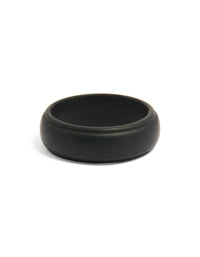 Showcasing a waterproof mens black silicone band ring front view - link has visual effect only