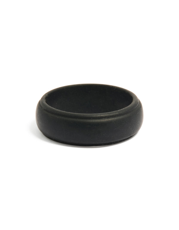 Showcasing a waterproof mens black silicone band ring front view