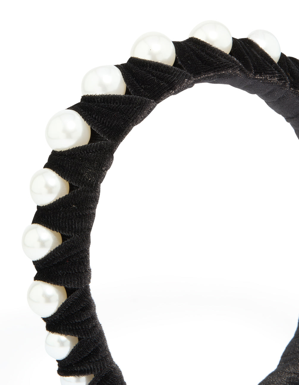 Elegant black fabric and pearl wrap headband featuring solid print in white side view