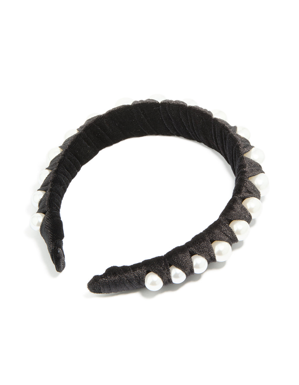 Designed with black fabric and pearl wrap headband in solid print, white detail view