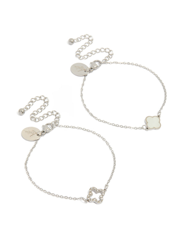 Waterproof Stainless Steel Cubic Zirconia Solitaire Flower Charm Bracelets 2-Pack