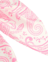 Showcasing a pink boho pattern fabric scarf scrunchie with print in hot pink and misty rose shades detail view - link has visual effect only