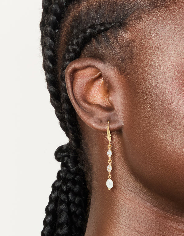 Gold Plated Cubic Zirconia & Freshwater Pearl Hook Drop Earrings