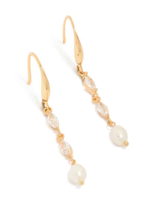 Gold Plated Cubic Zirconia & Freshwater Pearl Hook Drop Earrings
