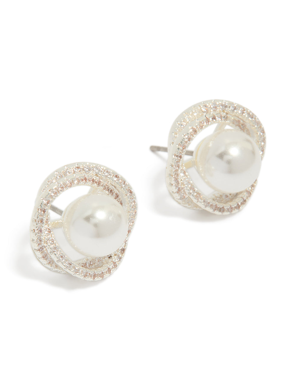 Showcasing silver plated cubic zirconia and pearl twist stud earrings front view