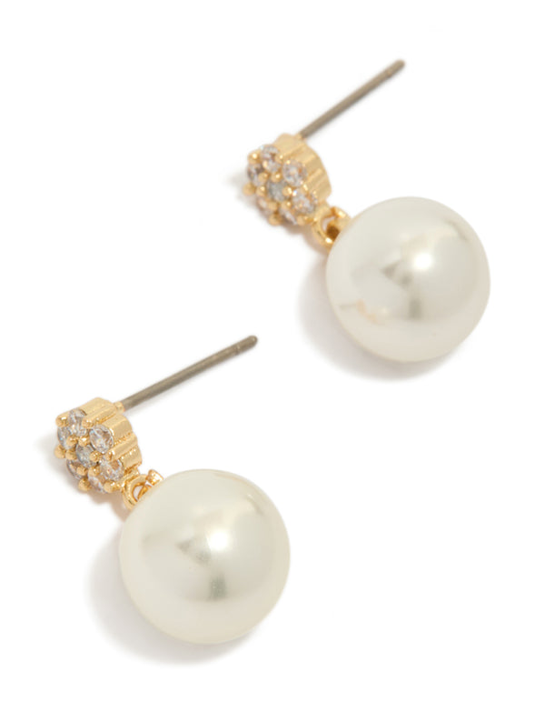 Gold Plated Small Round Cubic Zirconia & Pearl Drop Earrings