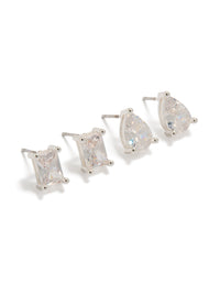 Discover square and teardrop stud earrings crafted silver plated material with cubic zirconia clear in 2-pack front view - link has visual effect only