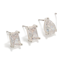 Featuring square and teardrop stud earrings with silver plated material, cubic zirconia crystals in clear 2-pack close up view - link has visual effect only