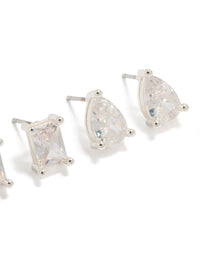 Beautifully designed square and teardrop stud earrings in silver plated material featuring cubic zirconia crystals, clear 2-pack post detail view - link has visual effect only