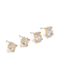 Discover gold plated round and oval cut cubic zirconia stud earrings in a dainty 2-pack with crystal features front view - link has visual effect only