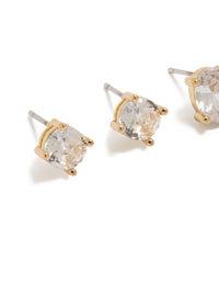 Showcasing gold plated round and oval cut cubic zirconia stud earrings in a dainty 2-pack with crystal features close up view - link has visual effect only