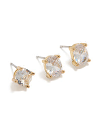 Showcasing gold plated round and oval cut cubic zirconia stud earrings in a dainty 2-pack with crystal features close up view - link has visual effect only