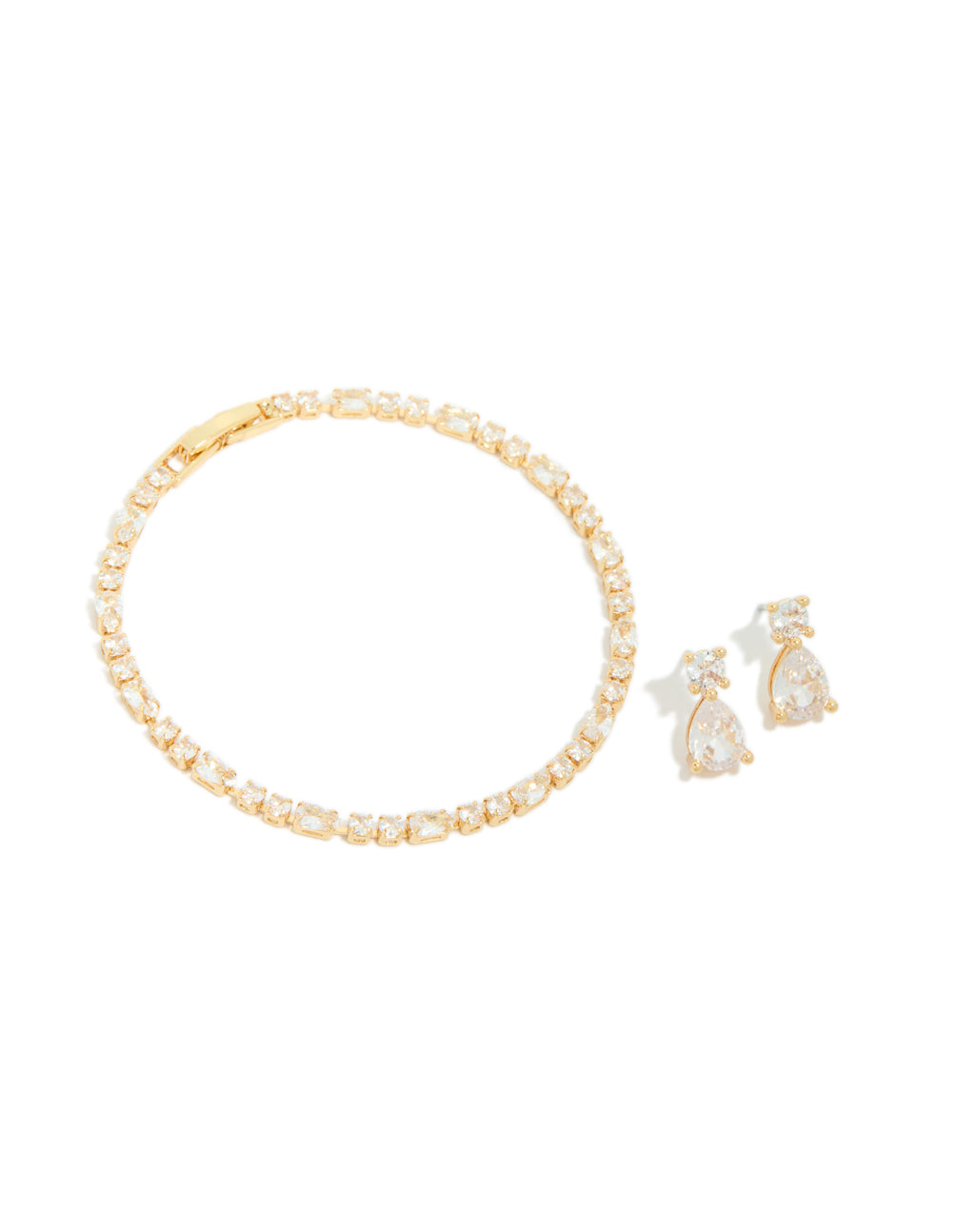 Gold Plated Cubic Zirconia Tennis Bracelet & Drop Earrings Set