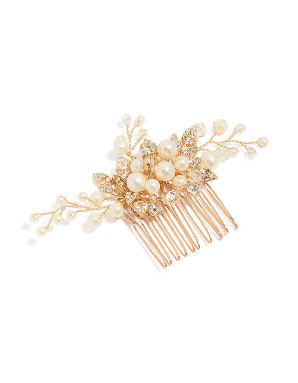 Showcasing a gold diamante and pearl leaf hair comb with floral crystal embellishments side view