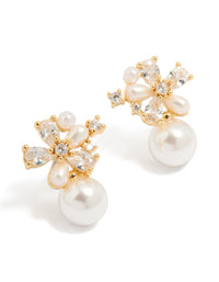 Gold Plated Cubic Zirconia Laurel & Pearl Flower Hoop Earrings - link has visual effect only
