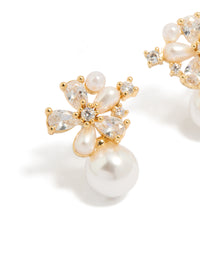 Gold Plated Cubic Zirconia Laurel & Pearl Flower Hoop Earrings - link has visual effect only
