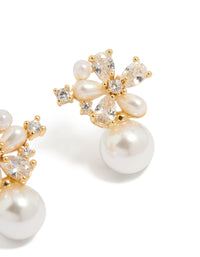 Gold Plated Cubic Zirconia Laurel & Pearl Flower Hoop Earrings - link has visual effect only