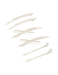 Discover glitter silver plated pavé diamante hair slides in a 6 pack front view - link has visual effect only