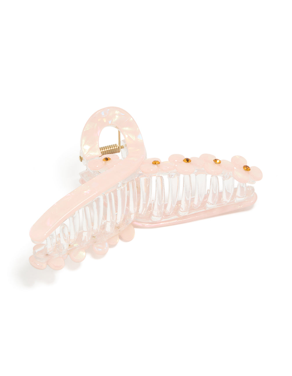 Showcasing a pink acrylic twist loop claw clip with floral design and gold accents in light pink front view