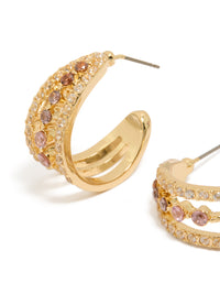 Gold Plated Cubic Zirconia Triple Hoop Medium Earrings - link has visual effect only