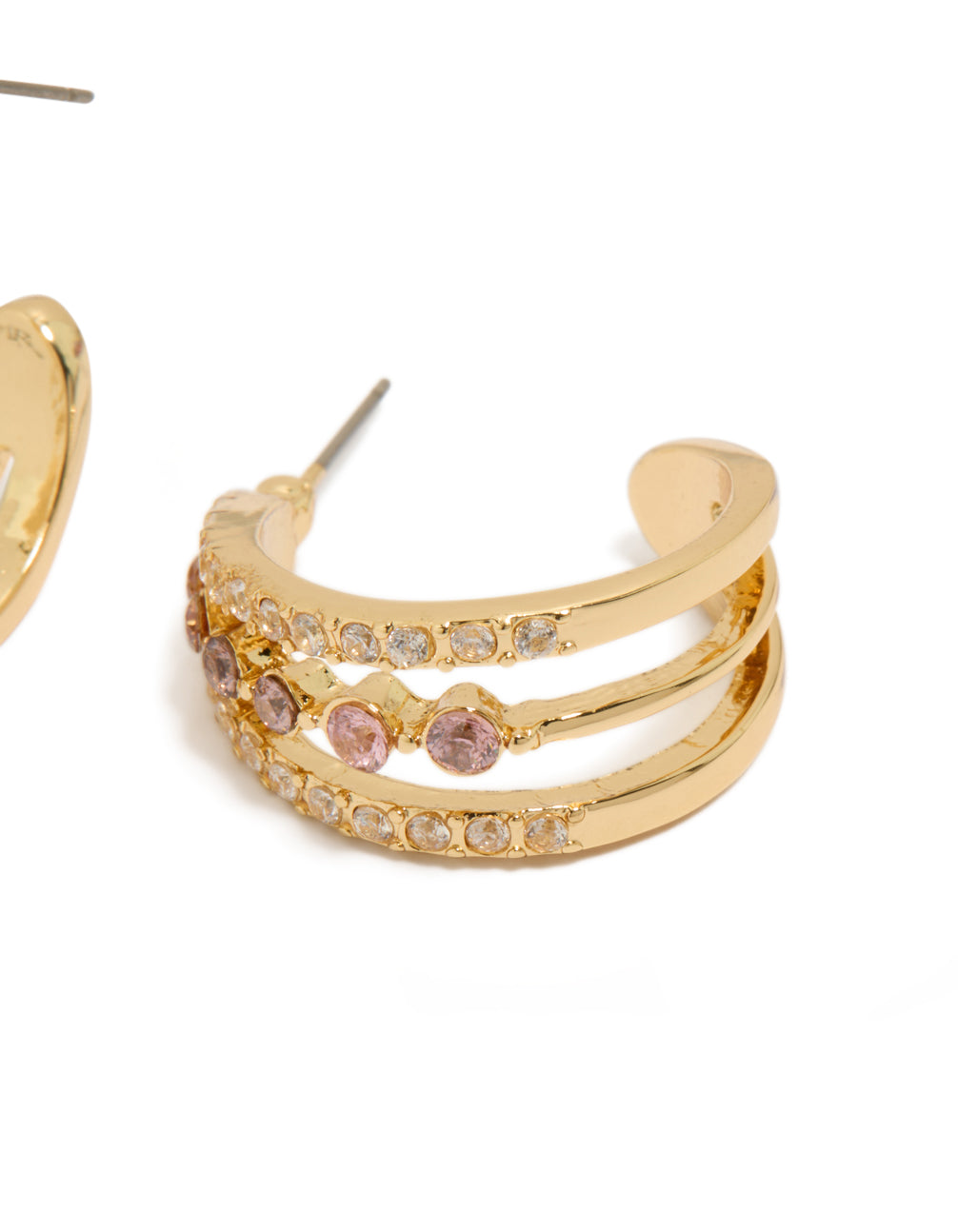 Designed with gold plated cubic zirconia triple hoop medium earrings post detail view
