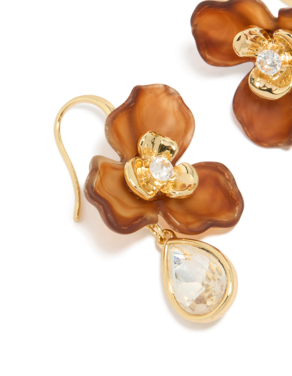 Gold Plated Cubic Zirconia  Cognac Acrylic Statement Earrings