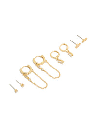 Discover this gold plated cubic zirconia chain and bezel hoop earrings 4-pack featuring crystal accents and hoop closures front view - link has visual effect only