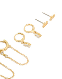 Explore this gold plated cubic zirconia chain and bezel hoop earrings 4-pack showcasing charm crystal details with hoop closures post detail view - link has visual effect only