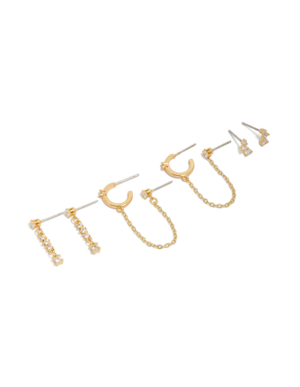 Gold Plated Cubic Zirconia Chain Drop & Stud Earrings 4-Pack