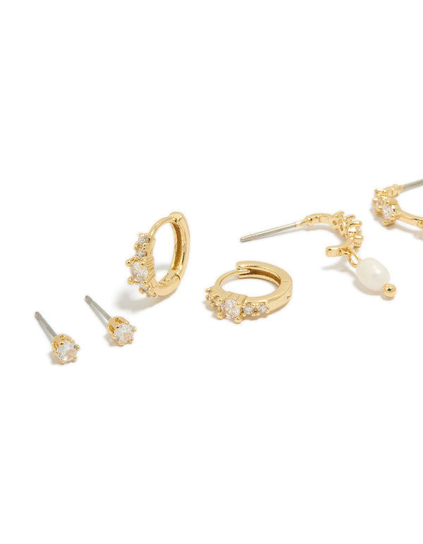 Gold Plated Cubic Zirconia & Freshwater Pearl Drop Hoop Earrings 4-Pack