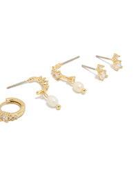Gold Plated Cubic Zirconia & Freshwater Pearl Drop Hoop Earrings 4-Pack - link has visual effect only