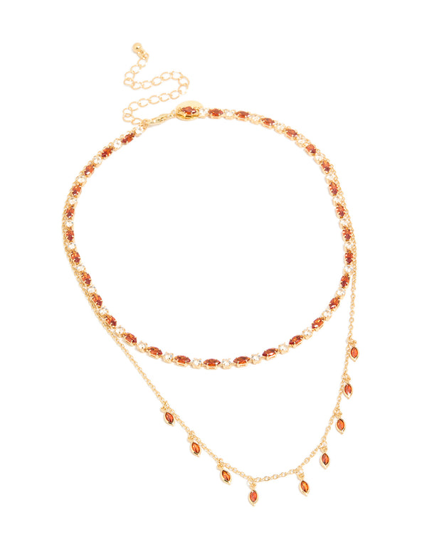 Gold Plated  Red  Cubic Zirconia  Tennis & Teardrop Charms Layer Necklace