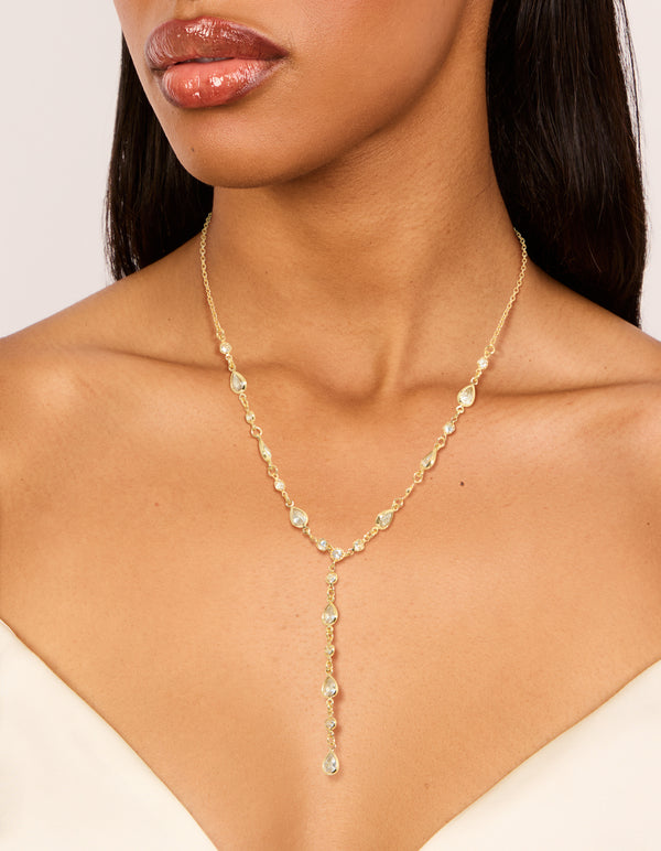 Gold Plated Cubic Zirconia Alternating Y-Necklace