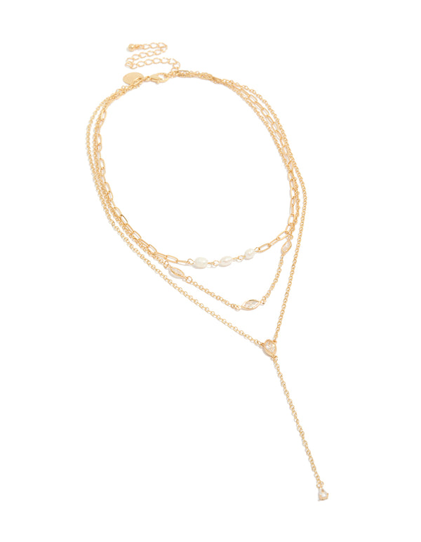 Gold Plated Cubic Zirconia & Freshwater Pearl Triple Layered Y-Necklace