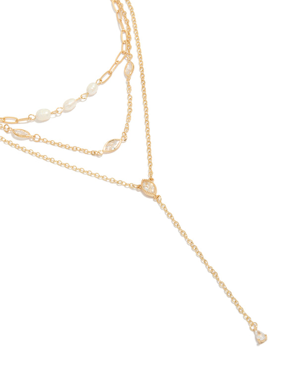 Gold Plated Cubic Zirconia & Freshwater Pearl Triple Layered Y-Necklace