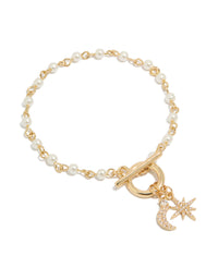 Gold Plated Pearl & Cubic Zirconia Star Moon Fob Bracelet - link has visual effect only