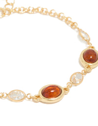 Gold Plated Cognac Bead & Clear Cubic Zirconia Tennis Bracelet - link has visual effect only