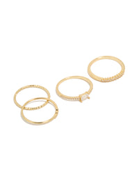 Showcasing gold plated cubic zirconia square bezel rings in a statement stackable 4-pack front view - link has visual effect only
