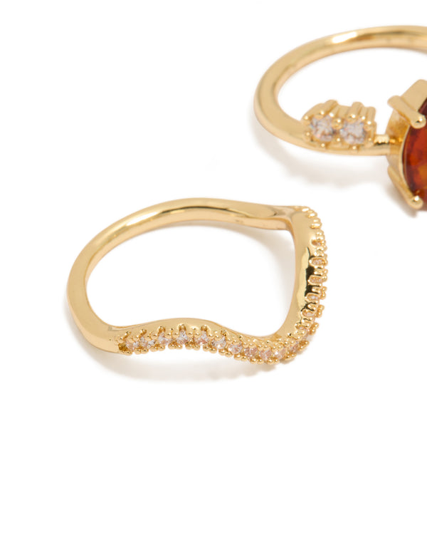 Gold Plated Red  Cubic Zirconia Teardrop & Wavy Rings 3-Pack