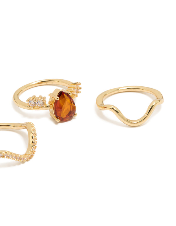 Gold Plated Red  Cubic Zirconia Teardrop & Wavy Rings 3-Pack