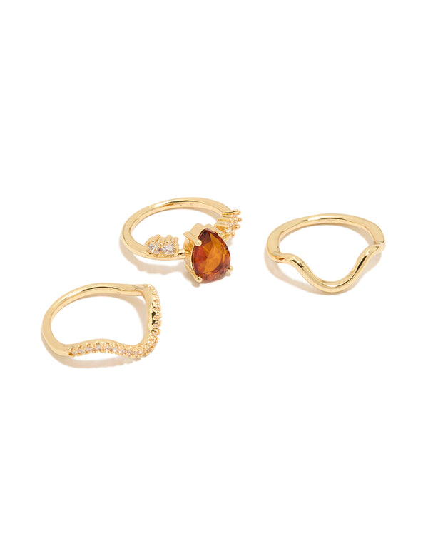 Gold Plated Red  Cubic Zirconia Teardrop & Wavy Rings 3-Pack