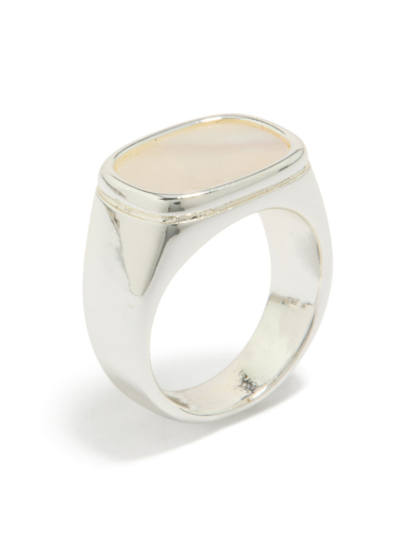 A waterproof stainless steel square shell signet ring in silver and clear tones, designed as a statement piece side detail view