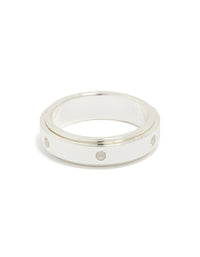 Showcasing a waterproof cubic zirconia stainless steel spinner ring in silver and clear stone front view - link has visual effect only