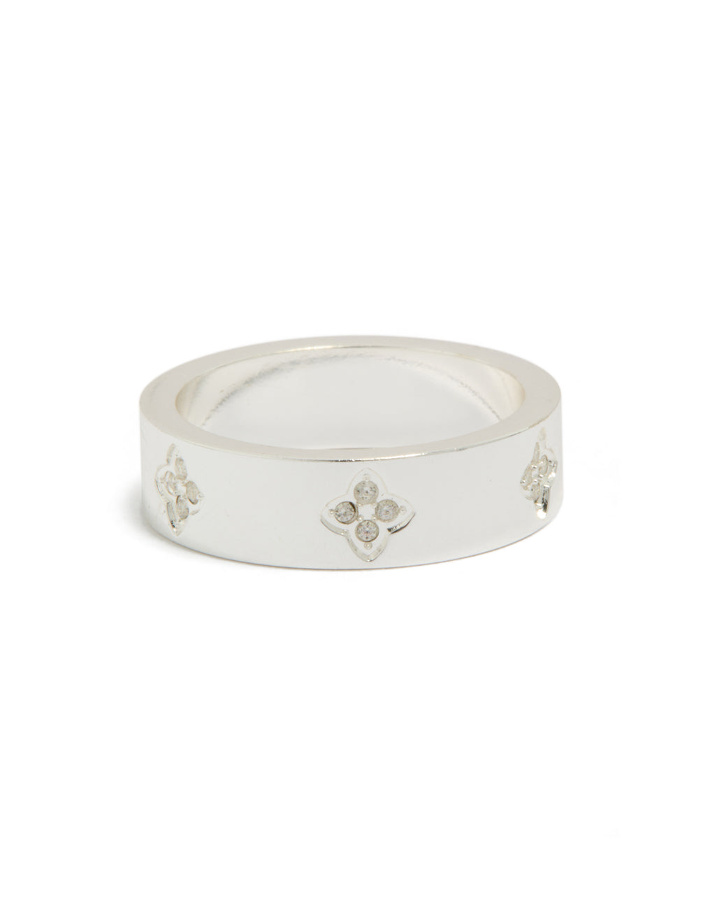 Showcasing a waterproof stainless steel band ring with cubic zirconia floral feature in silver and white, dainty style front view