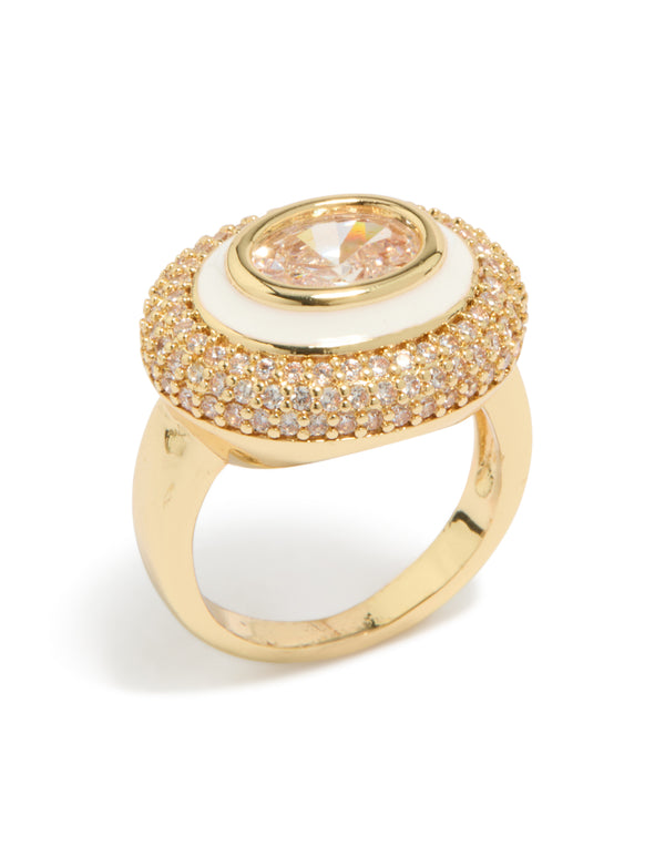 Showcasing gold plated pave cubic zirconia white enamel statement ring side detail view