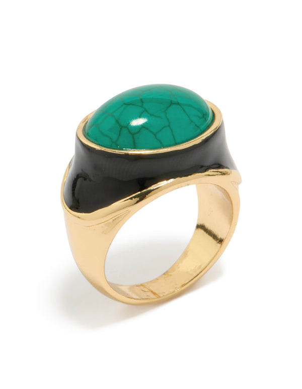 Featuring a gold plated ring with black enamel and chunky turquoise stone front view