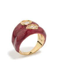 Showcasing a gold plated red enamel double cubic zirconia ring with glitter accents side detail view - link has visual effect only